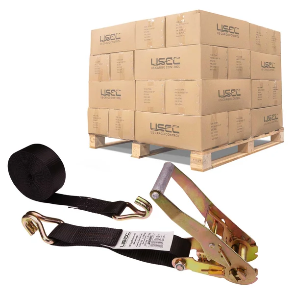 2" x 30' Ratchet Strap with Wire / Double J Hooks | Black | 320-Pack (Pallet)