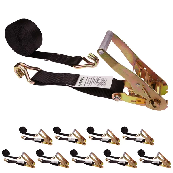 2" x 12' Ratchet Strap with Wire / Double J Hooks | Black | 10-Pack