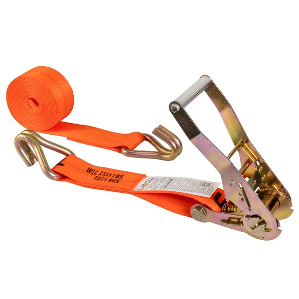 2" x 12' Ratchet Strap with Long Wire / Double J-Hooks | Orange