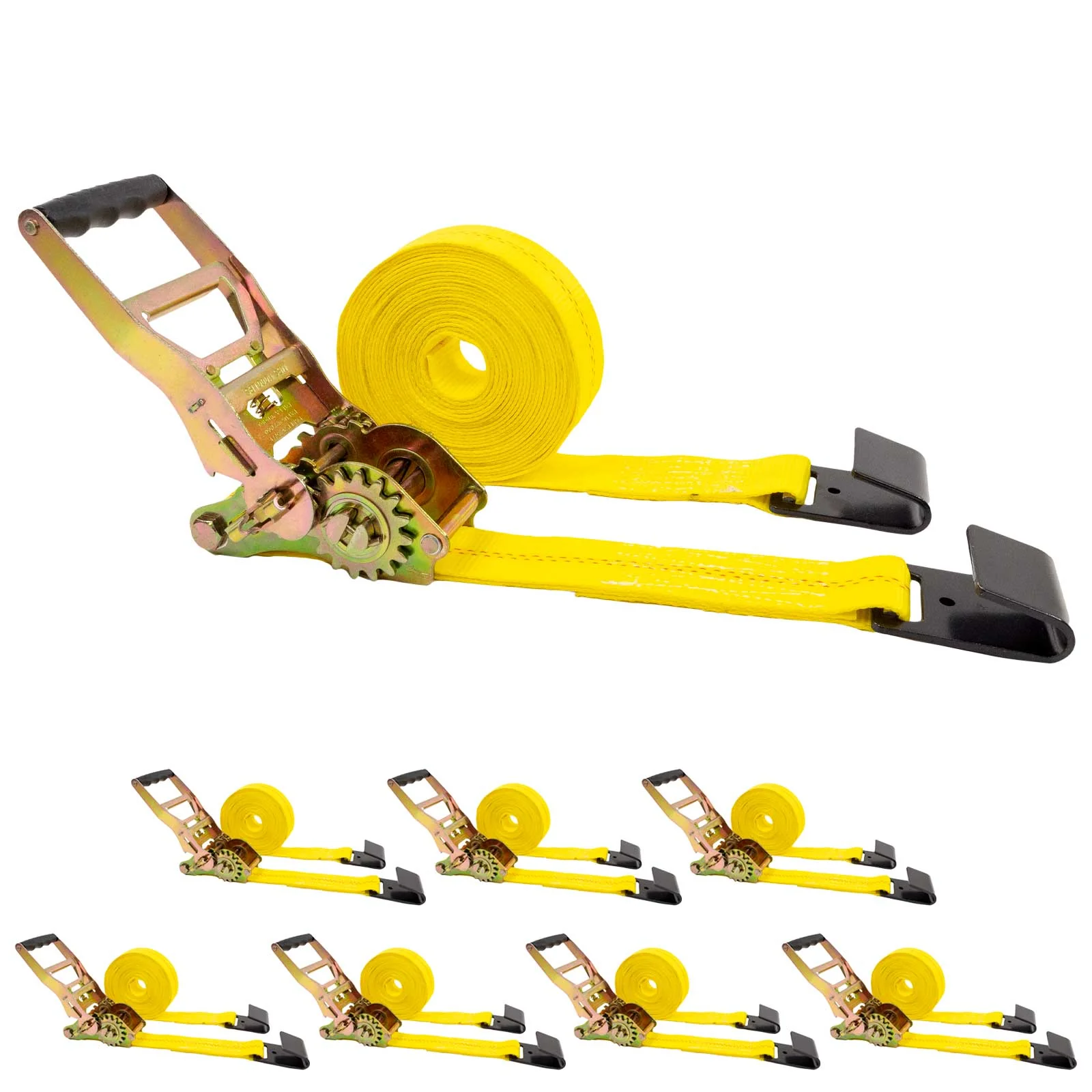 2" x 30' Gear-Driving Reverse-Action Ratchet Strap with Flat Hooks | Yellow | 8-Pack