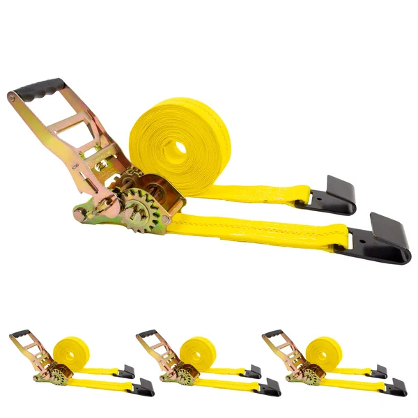 2" x 30' Gear-Driving Reverse-Action Ratchet Strap with Flat Hooks | Yellow | 4-Pack