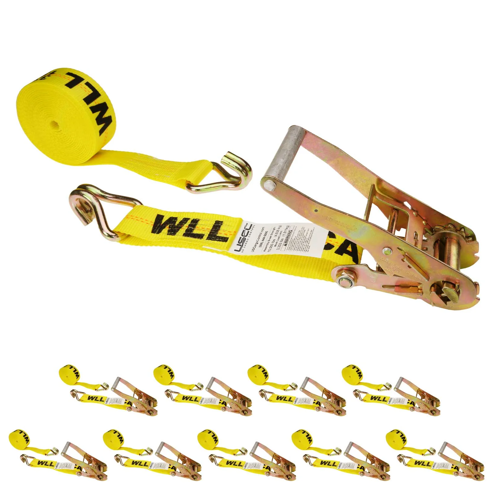 2" x 27' Ratchet Strap with Wire / Double J-Hooks | Yellow | 10-Pack