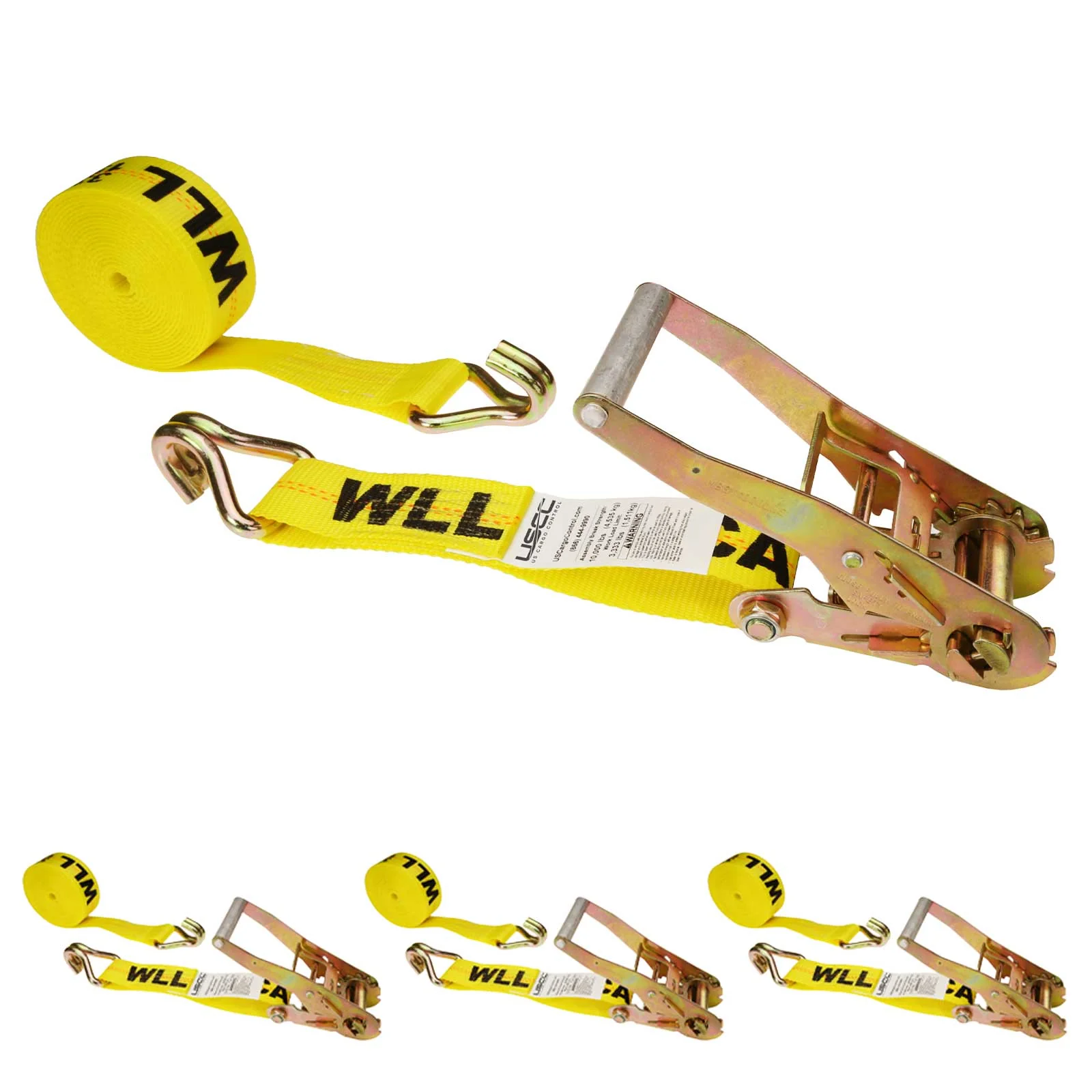 2" x 30' Ratchet Strap with Wire / Double J-Hooks | Yellow | 4-Pack