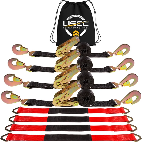 Car Tie Down Straps for Trailers Kit | 2" x 8' Twisted Snap Hook Tiedowns