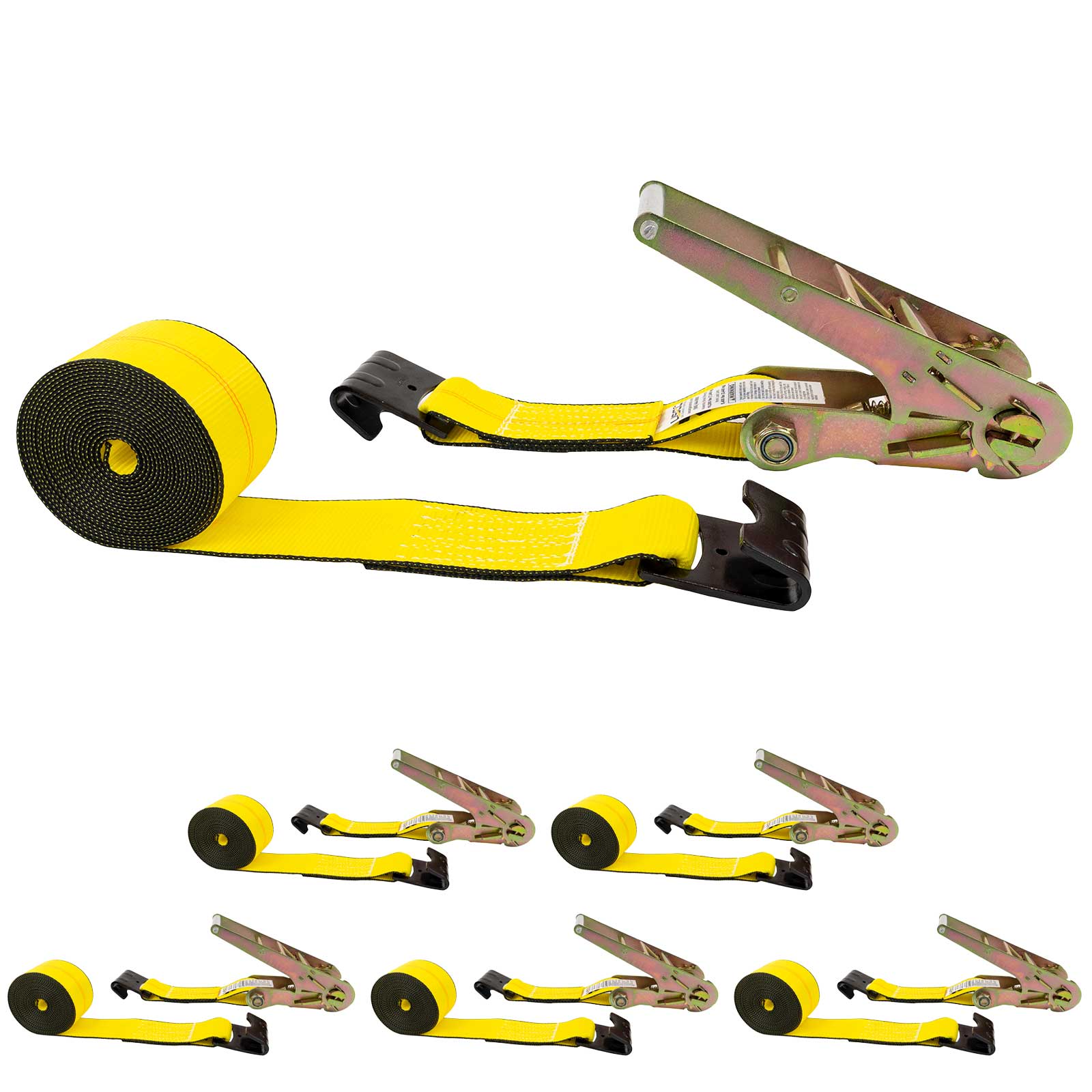 3" x 27' Ratchet Strap with Flat Hooks | Yellow | 6-Pack