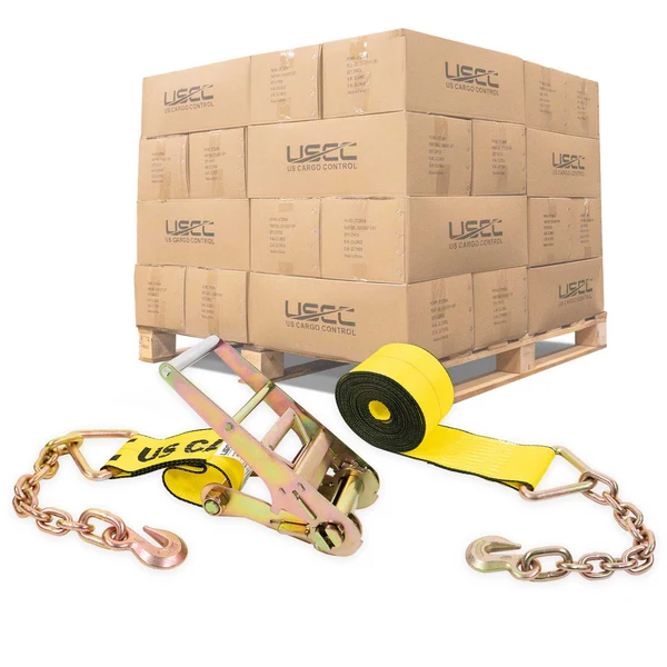 4" x 27' Ratchet Strap with 18" Chain Extensions | Yellow | 90-Pack (Pallet)