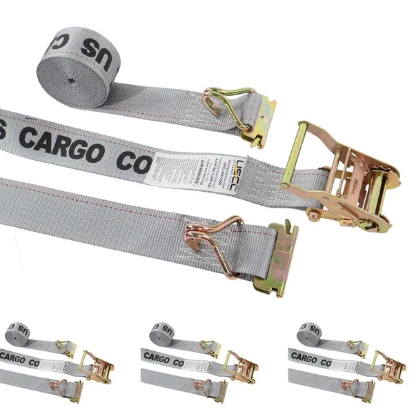 2'' x 16' Gray E-Track Ratchet Strap | Wire Hooks & Spring E-Fittings | 4-Pack