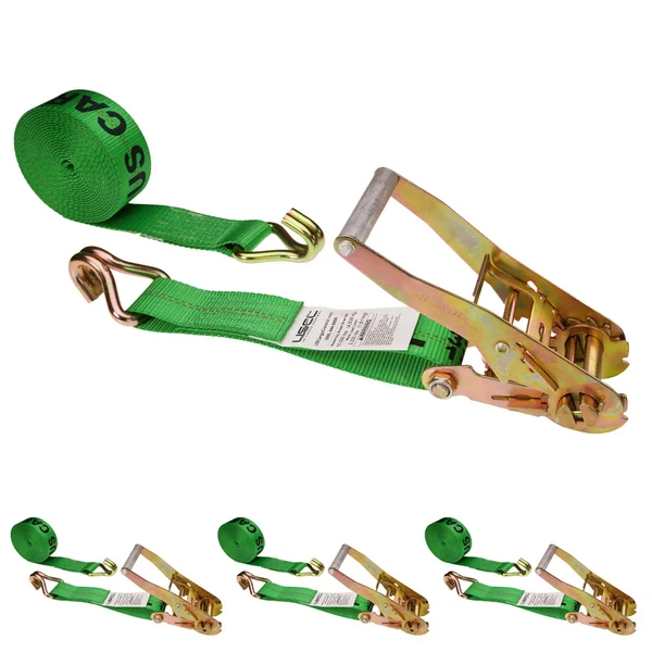 2" x 27' Ratchet Strap with Wire / Double J Hooks | Green | 4-Pack