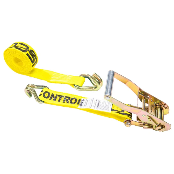 2" x 30' Ratchet Strap with Wire / Double J-Hooks | Yellow
