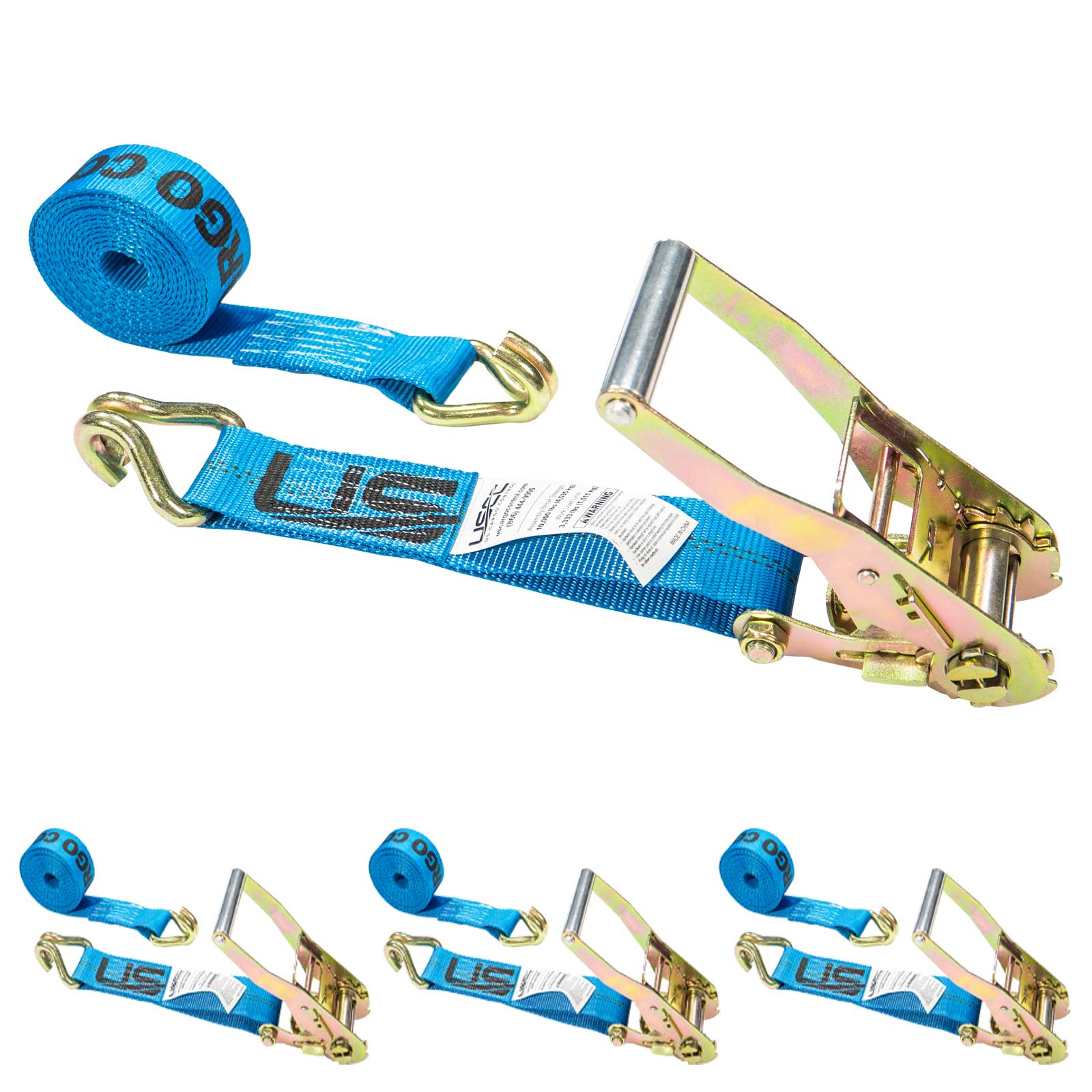 2" x 18' Ratchet Strap with Wire / Double J Hooks | Blue | 4-Pack
