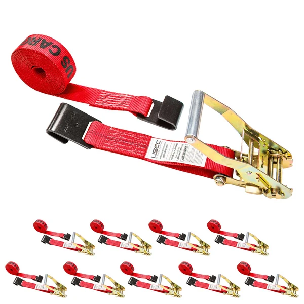 2" x 27' Ratchet Strap with Flat Hooks | Red | 10-Pack