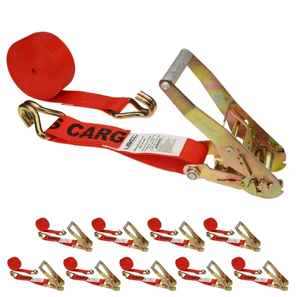 2" x 27' Ratchet Strap with Wire / Double J Hooks | Red | 10-Pack