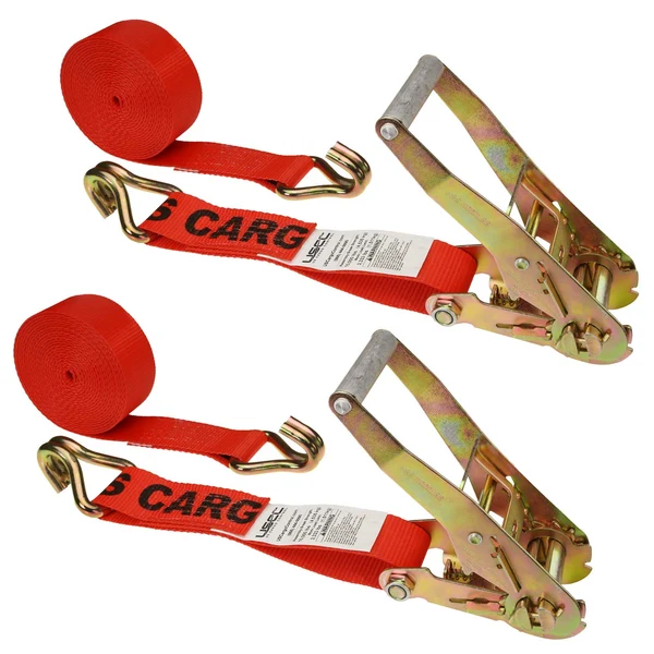 2" x 30' Ratchet Strap with Wire / Double J Hooks | Red | 2-Pack