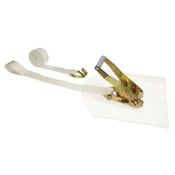 2'' x 15' White Tent Strap w/ Cover, Wire Hook & Sewn Loop
