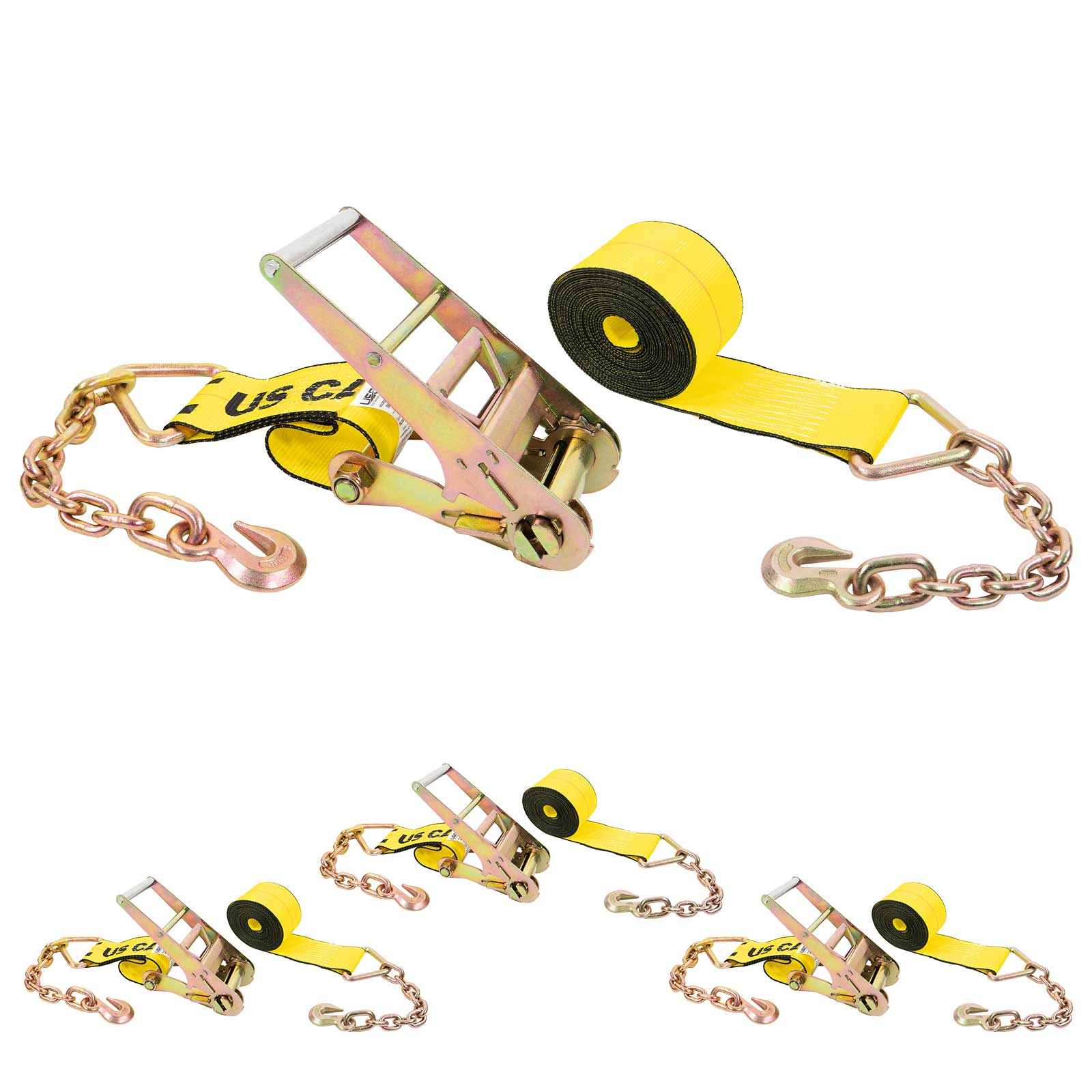 4" x 27' Ratchet Strap with 18" Chain Extensions | Yellow | 4-Pack
