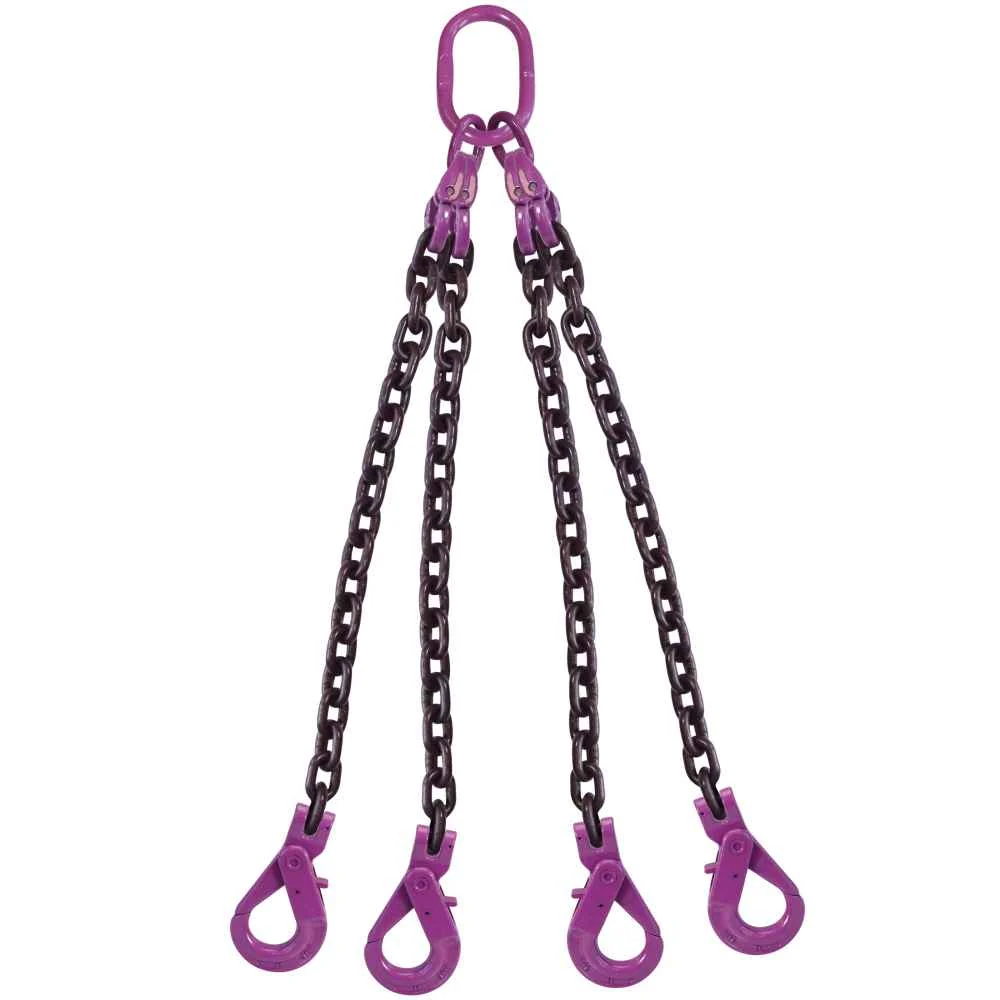 3/8" x 6' 4 Leg Chain Sling w/ Self-Locking Hooks - Grade 100