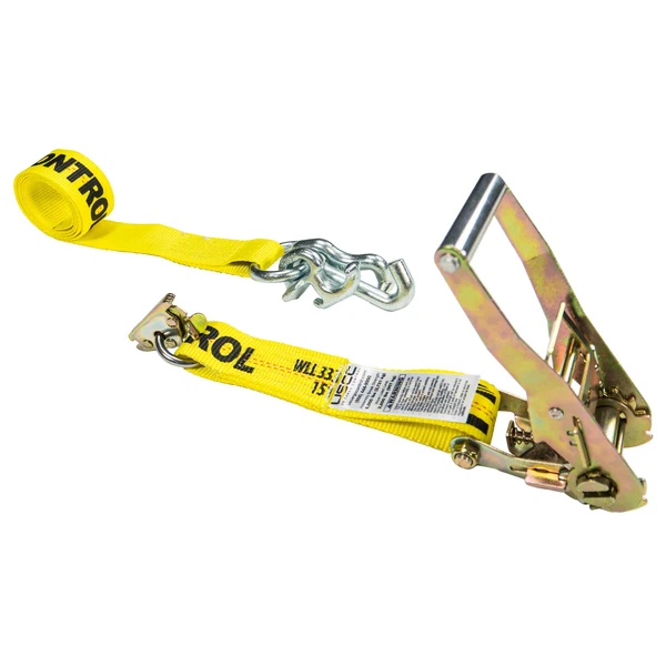 2" x 8' Tow Truck Ratchet Strap - E-Fitting / RTJ Cluster Hook | Yellow