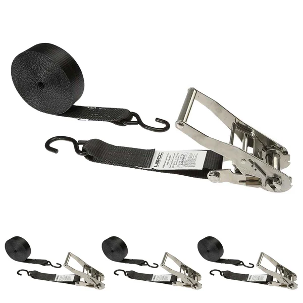 2" x 10' Stainless Steel Ratchet Strap with Vinyl Coated S-Hooks | Black | 4-Pack