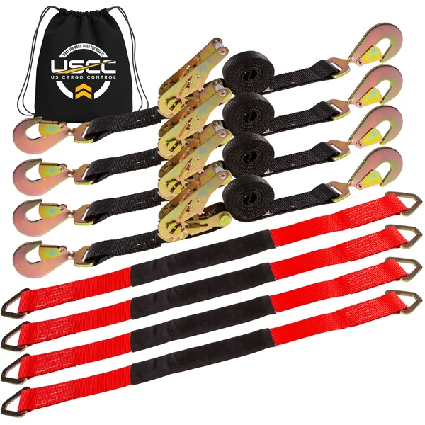 Car Tie Down Straps for Trailers Kit | 2" x 12' and 2" x 8' Twisted Snap Hook Tiedowns