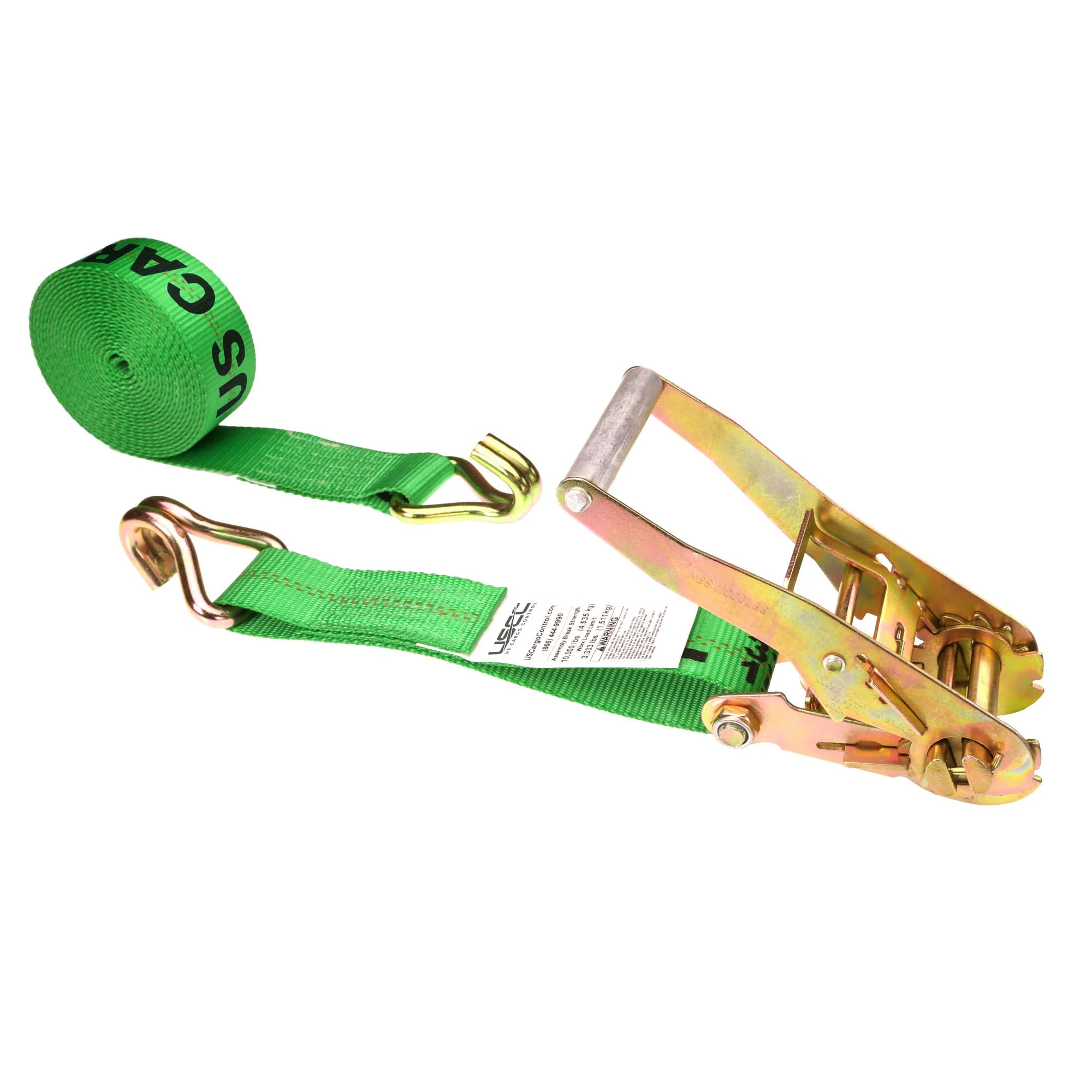2" x 30' Ratchet Strap with Wire / Double J Hooks | Green