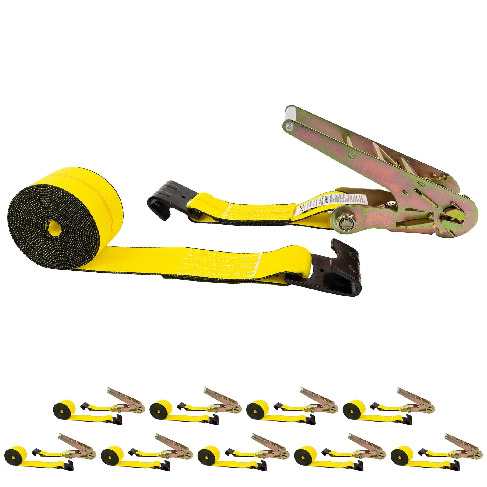 3" x 40' Ratchet Strap with Flat Hooks | Yellow | 10-Pack