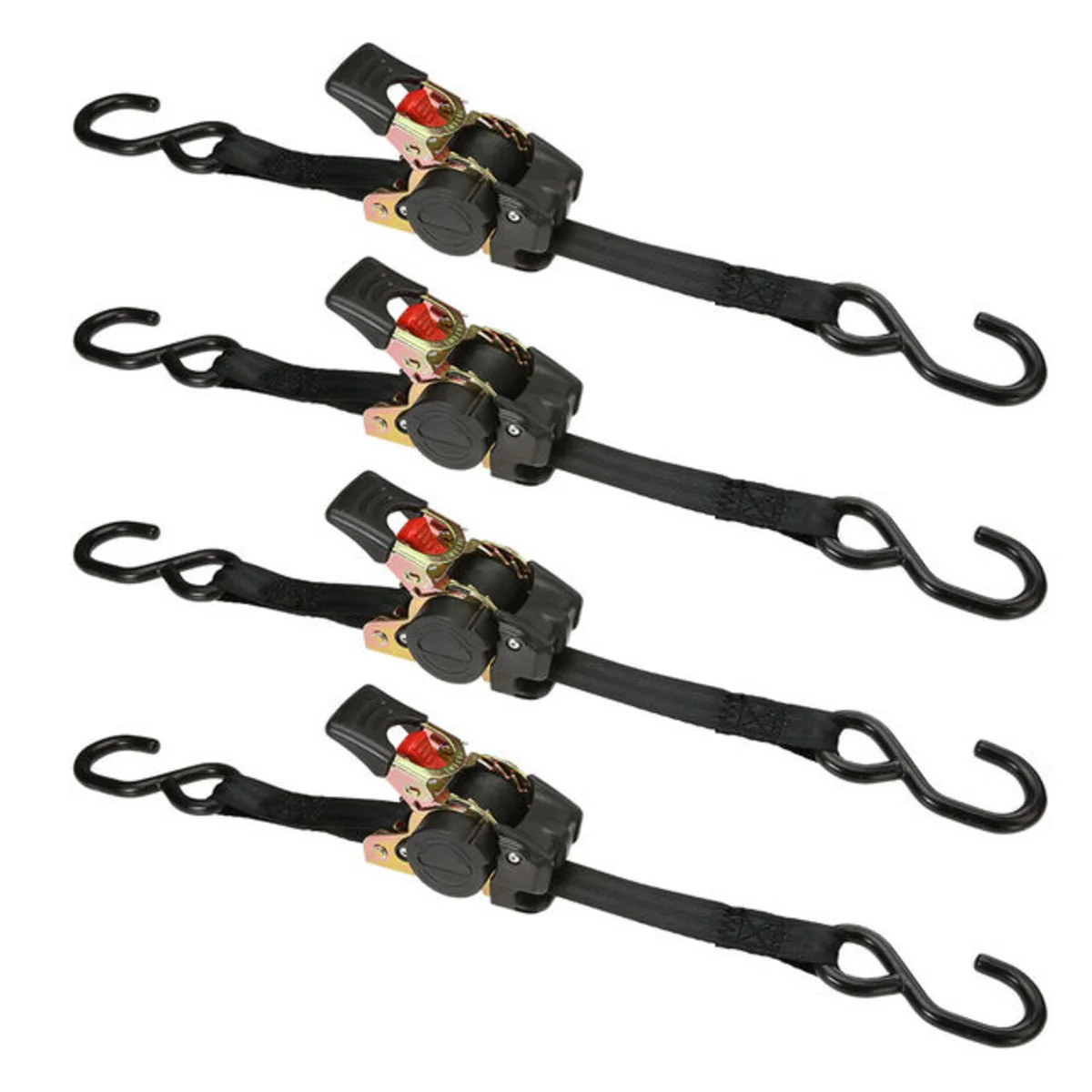 1" x 6' Retractable Ratchet Strap w/ Vinyl Coated S-Hooks and Push Button Release | 4-Pack