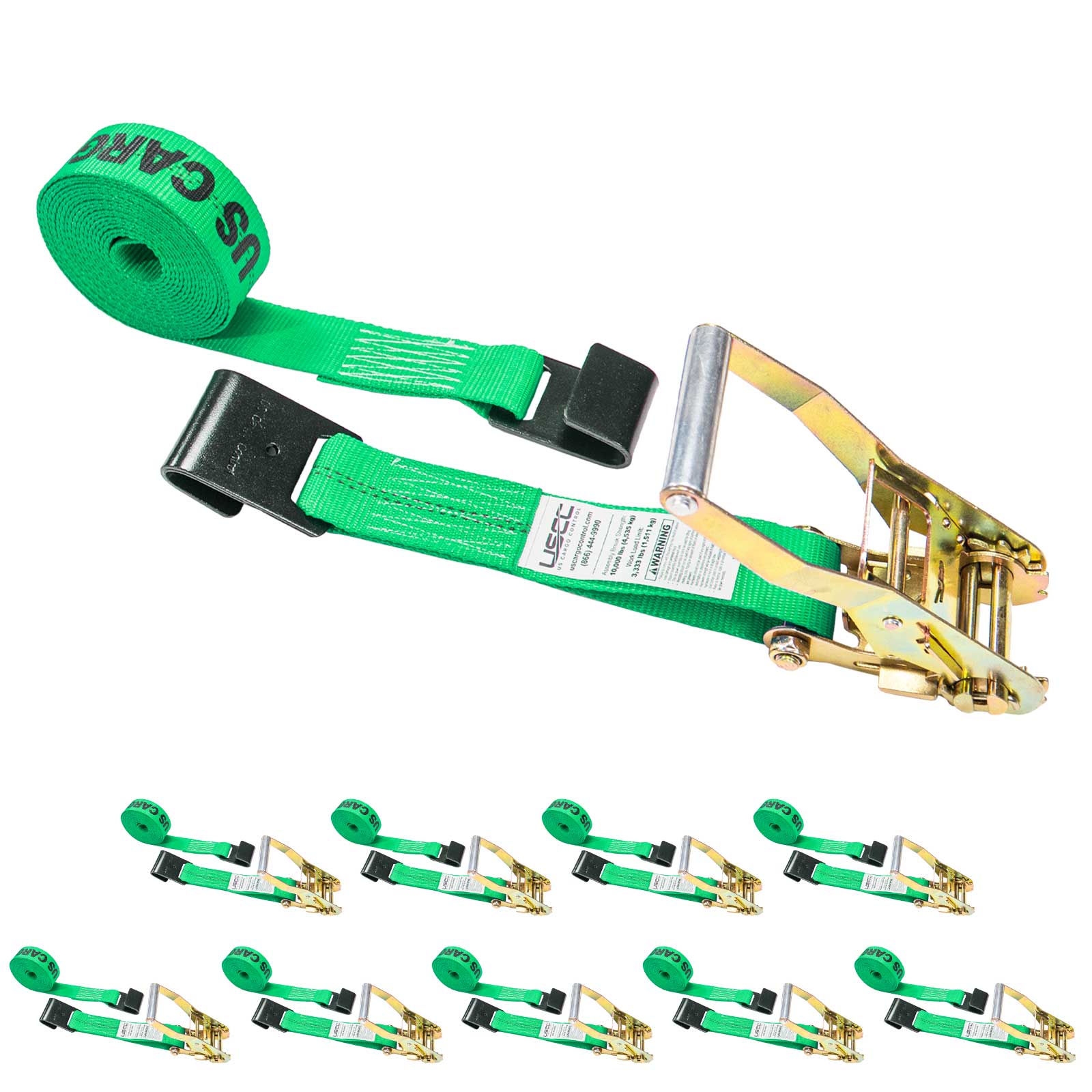 2" x 18' Ratchet Strap with Flat Hooks | Green | 10-Pack