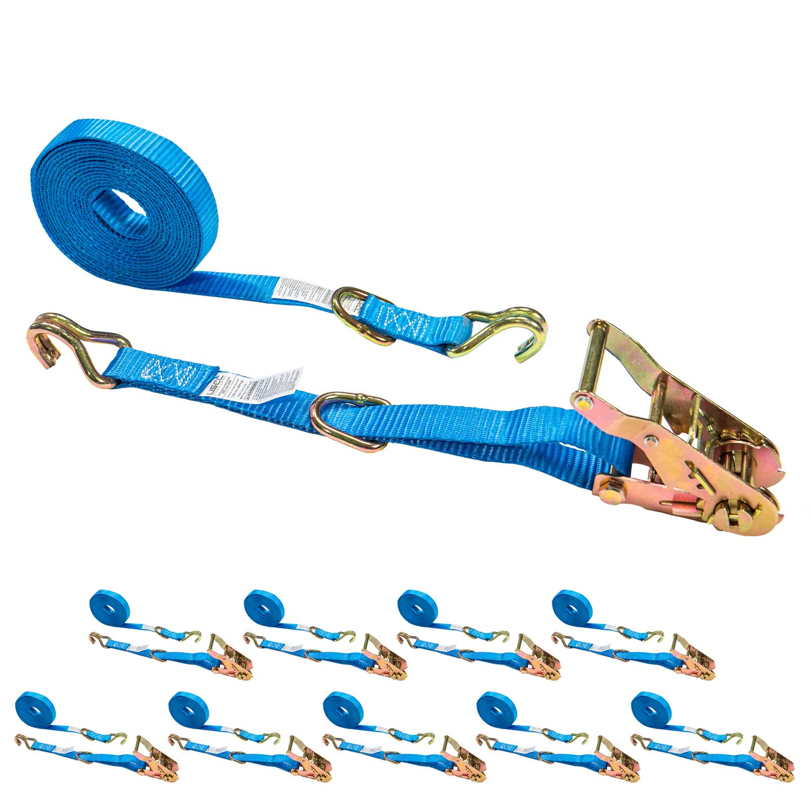 1" x 20' Ratchet Strap w/ J-Hook & D-Ring | 10-Pack