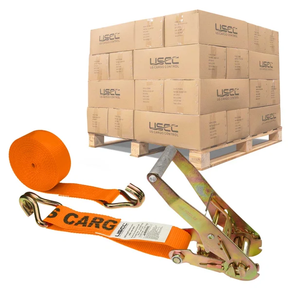 2" x 18' Ratchet Strap with Wire / Double J Hooks | Orange | 320-Pack (Pallet)