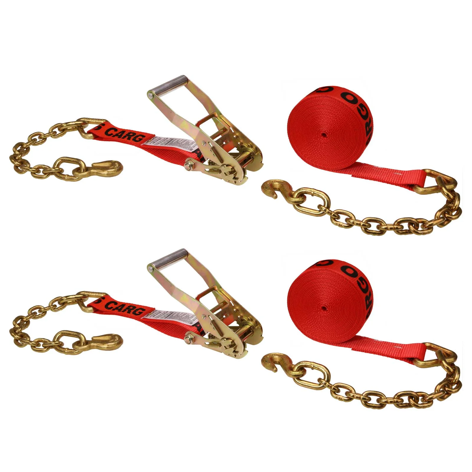 2" x 27' Ratchet Strap with Chain Extension | Red | 2-Pack