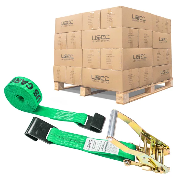 2" x 18' Ratchet Strap with Flat Hooks | Green | 320-Pack (Pallet)