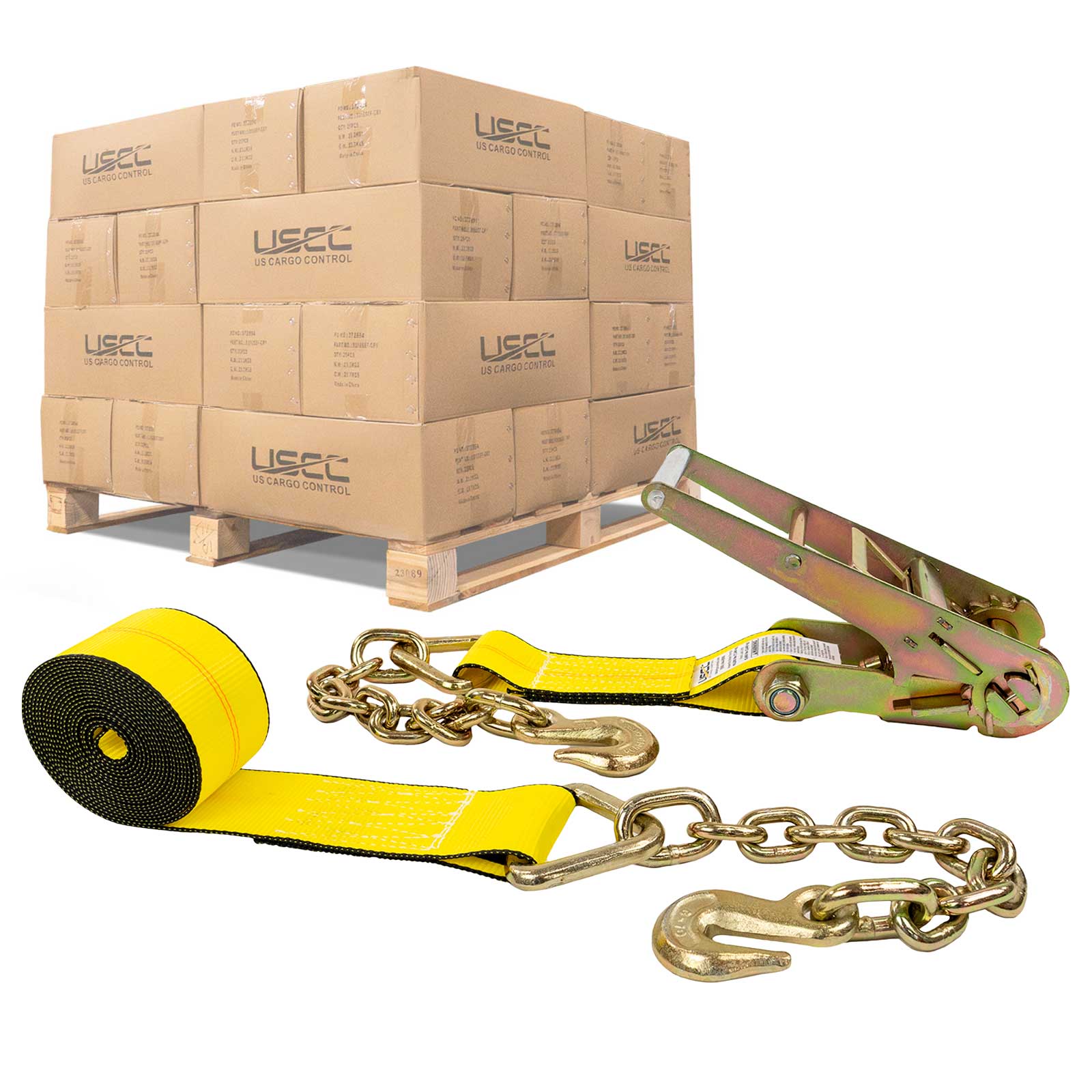 3" x 27' Ratchet Strap with Chain Extensions | Yellow | 108-Pack (Pallet)