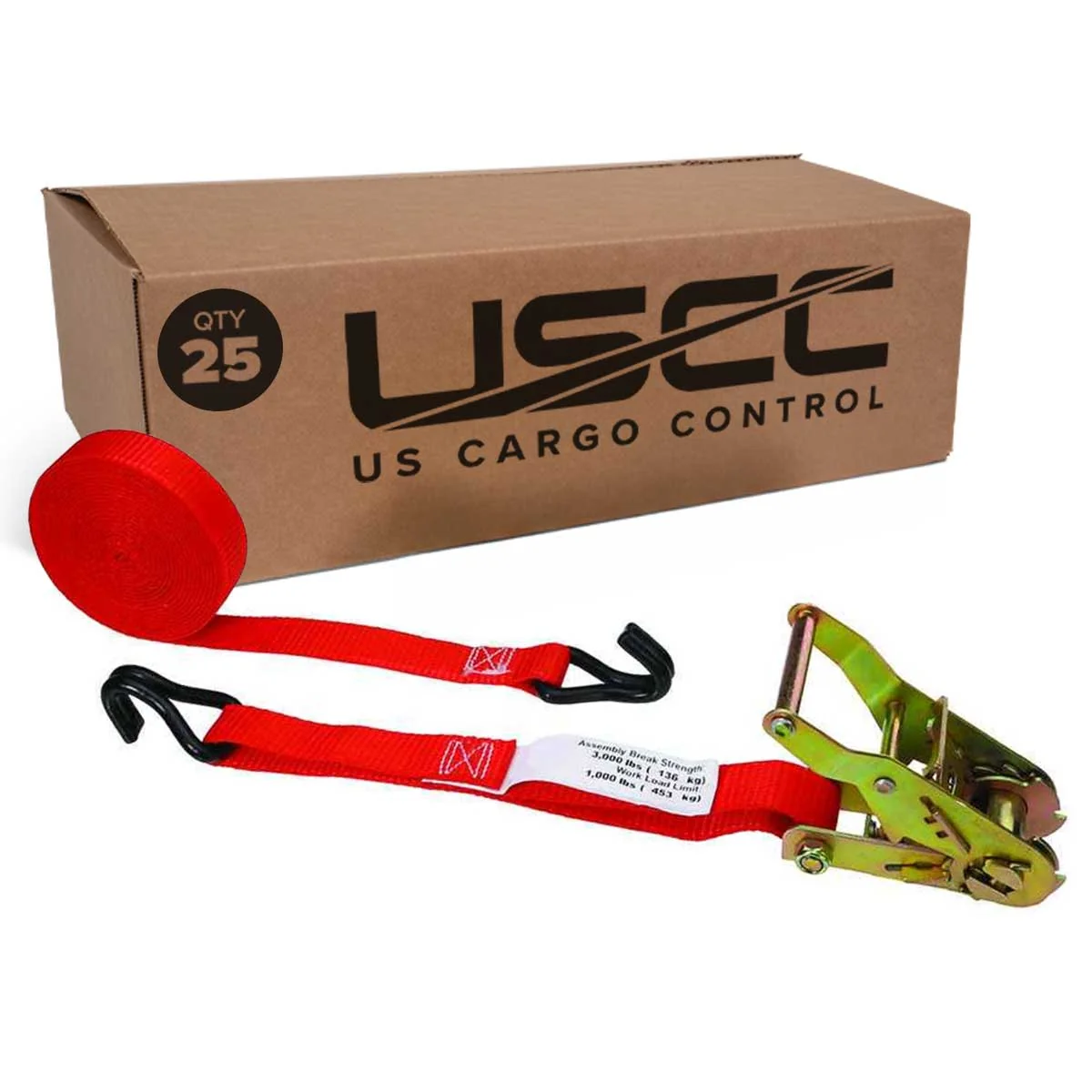 1" x 20' Ratchet Strap w/ Vinyl Coated Wire Hooks | 25-Pack