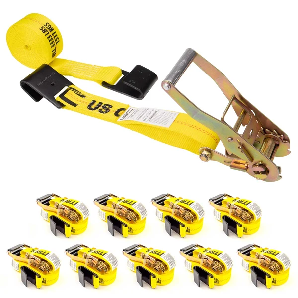 2" x 18' Ratchet Strap with Flat Hooks | Yellow | 10-Pack