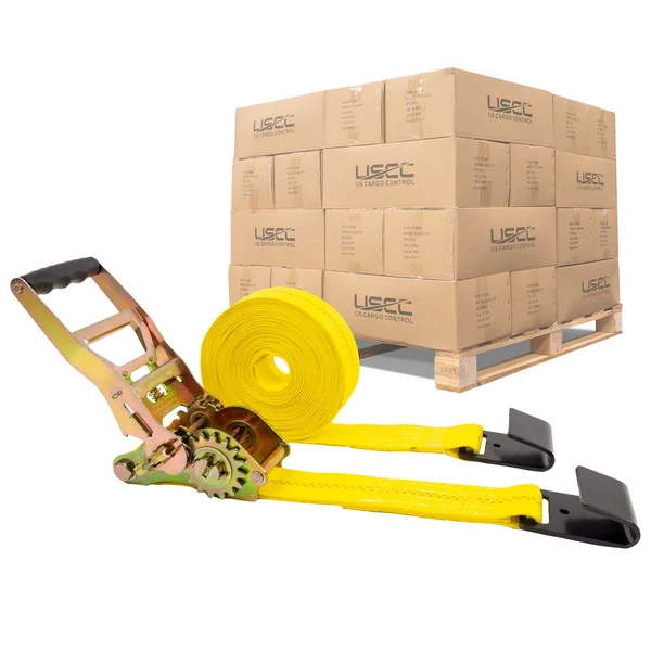 2" x 30' Gear-Driving Reverse-Action Ratchet Strap with Flat Hooks | Yellow | 256-Pack (Pallet)