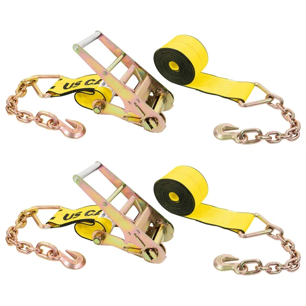 4" x 40' Ratchet Strap with 18" Chain Extensions | Yellow | 2-Pack