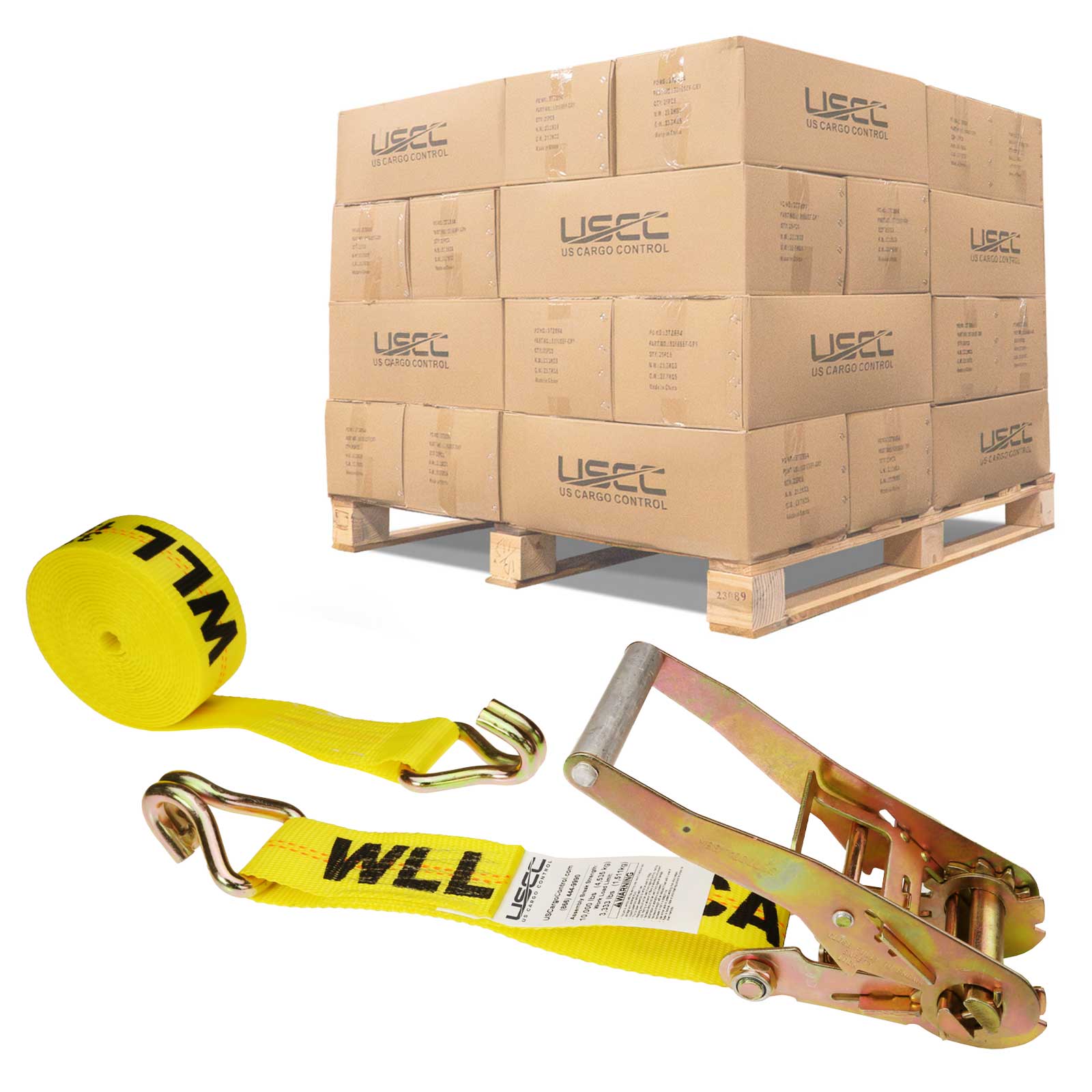 2" x 50' Ratchet Strap with Wire / Double J Hooks | Yellow | 192-Pack (Pallet)